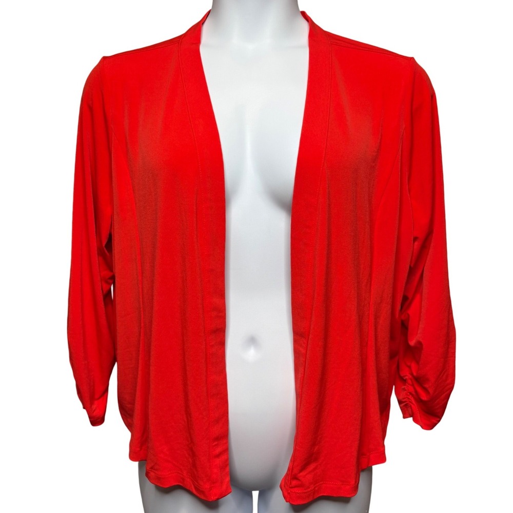 SUSAN GRAVER Womens Red Open Front Cardigan 2X Ruched Sleeve Office Minimalist